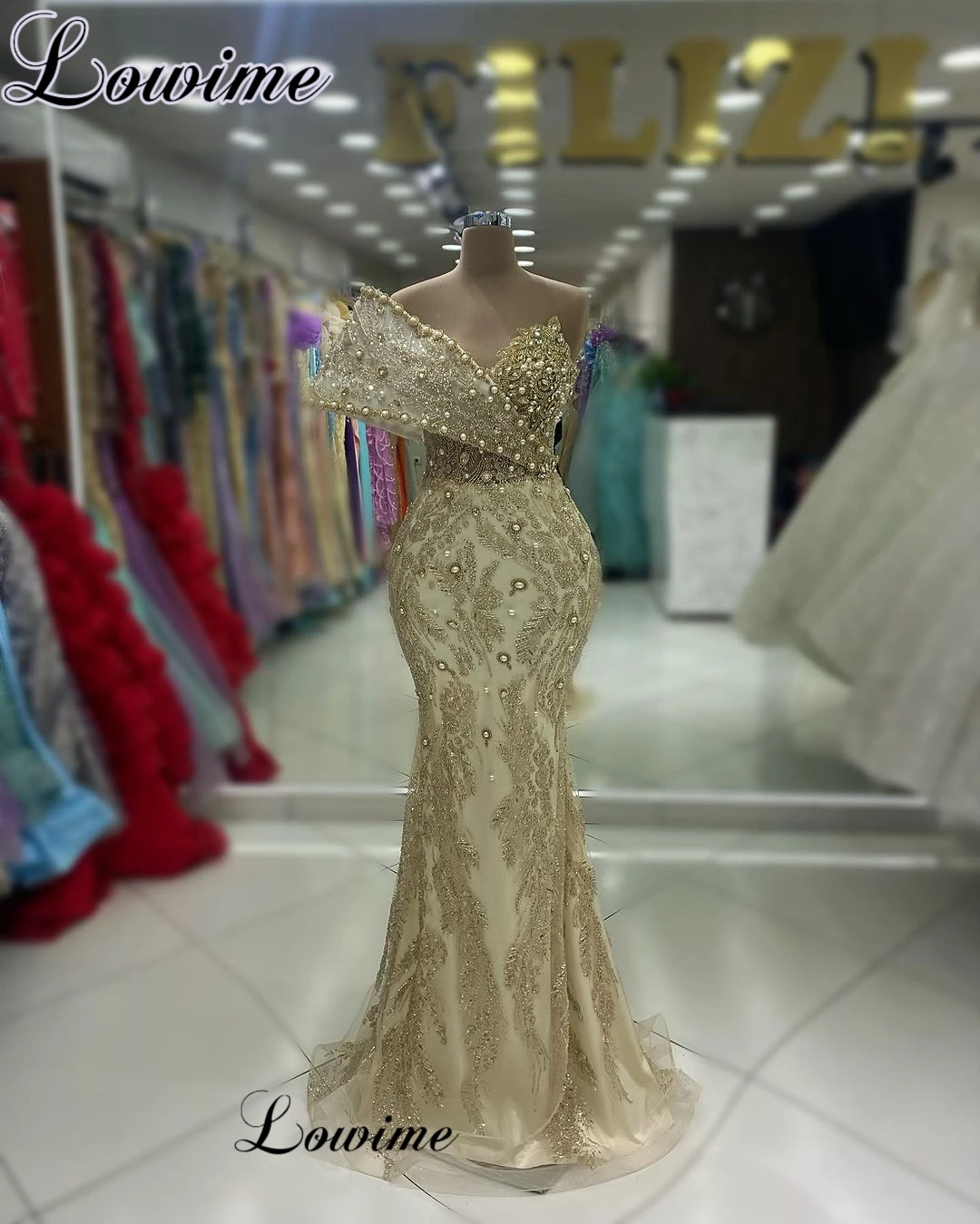 

2023 Champagne Celebrity Dresses Mermaid Special Evening Party Dresses With Pearls Vestidos De Gala Opening Ceremony Dresses