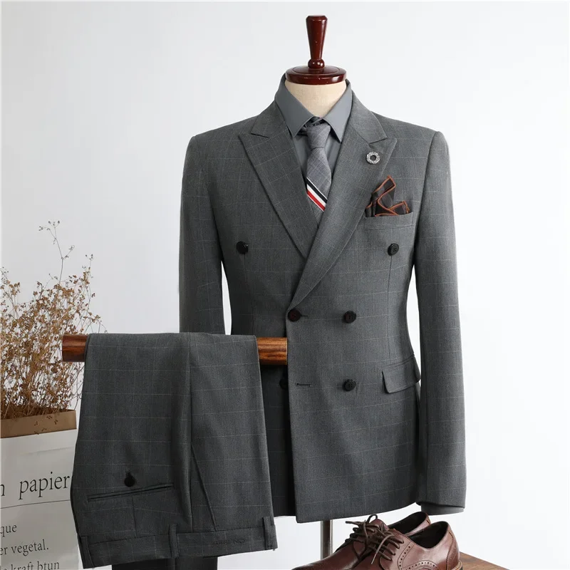 (21) Customized New Style Double-breasted Men’s Plaid Professional Formal Wedding Suit