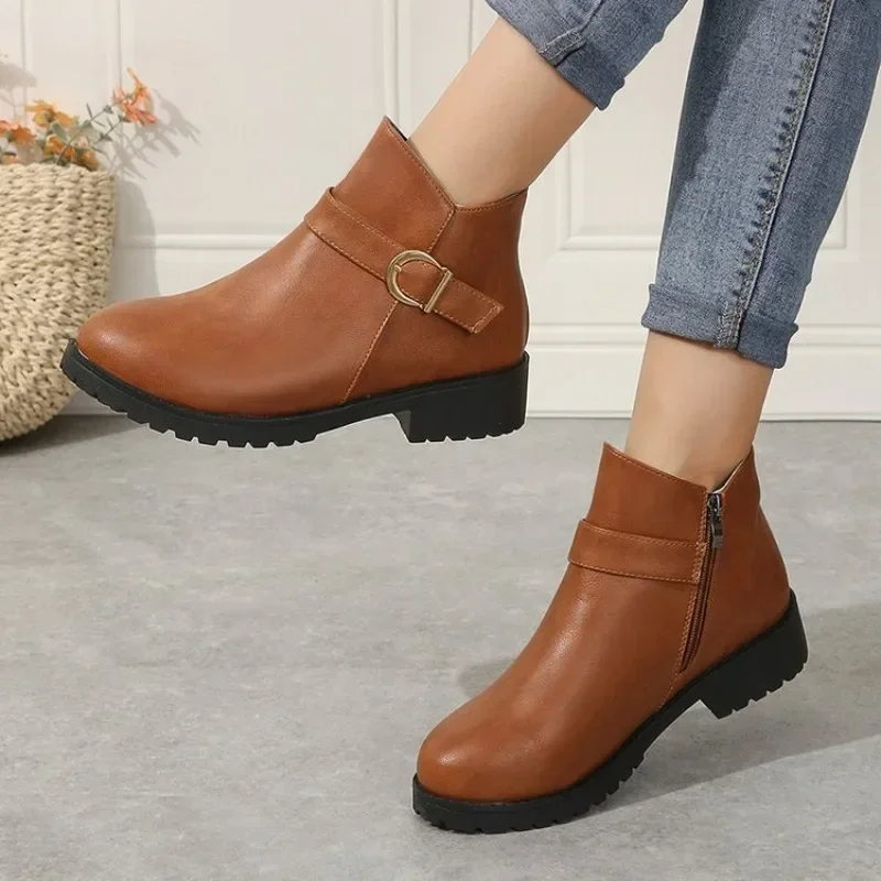 

Fashion Womens Boots Hot Women's Casual Leather Shoes Comfortable Women Thick-soled Shoes Side Zipper Slip-on Boots for Women