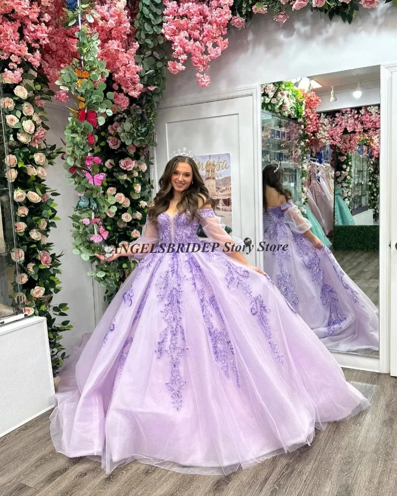 

ANGELSBRIDEP Сиреневое платье Quinceanera с длинными рукавами и кружевной аппликацией, бальное платье с открытыми плечами, тюлевые платья для выпускного вечера, платье Sweet 16,