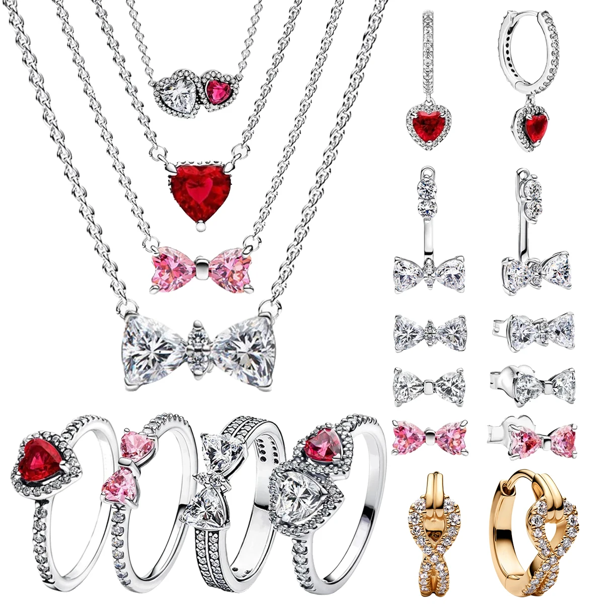 

Colorful Bow Tie Heart Set Ring Earrings Necklace 925 Sterling Silver Zircon Shining Ring Original DIY Women Fine Jewelry Gift