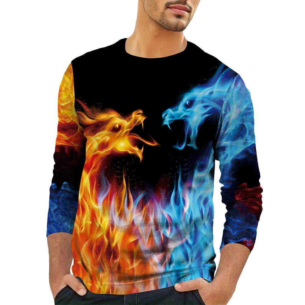 Long Sleeve Men's Tee Crew Neck Popular Black Clothing Fashion Fire And Ice Dragon Graphic Basic T-shirt 3D Printed Streetwear