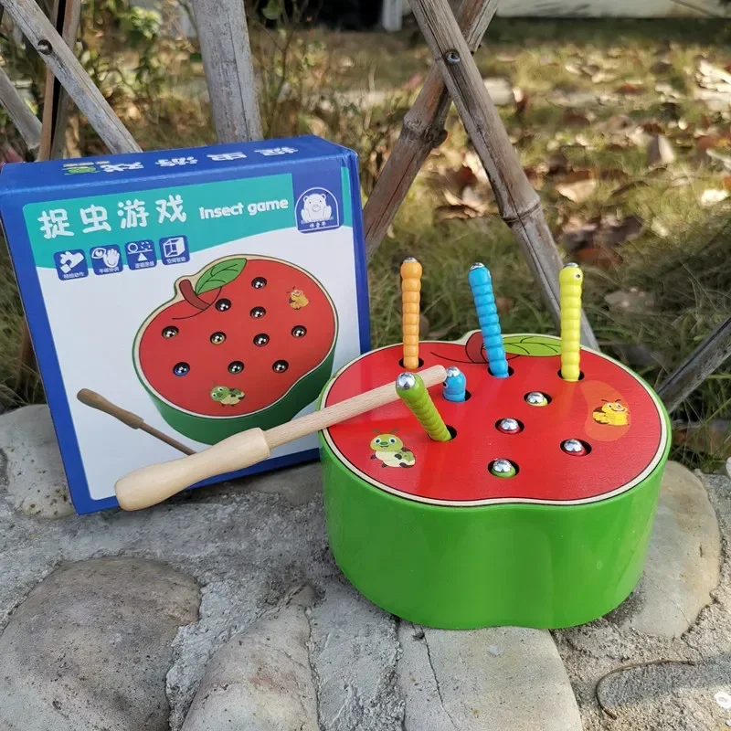 Magnetic Insect Catching Desktop Game Early Education Toy 1-3 Year Old Hand Eye Coordination Worm Eating Apple Strawberry Shape