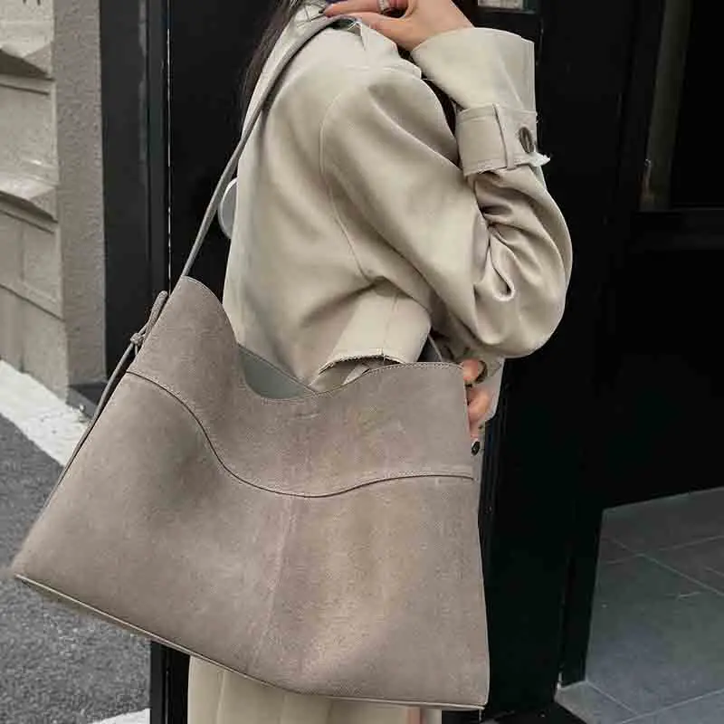 

New Winter Matte Suede Cow Leather Women Tote Coffee Retro High-end Warm Color Female Shoulder Bag Huge Commute Travel Handbag