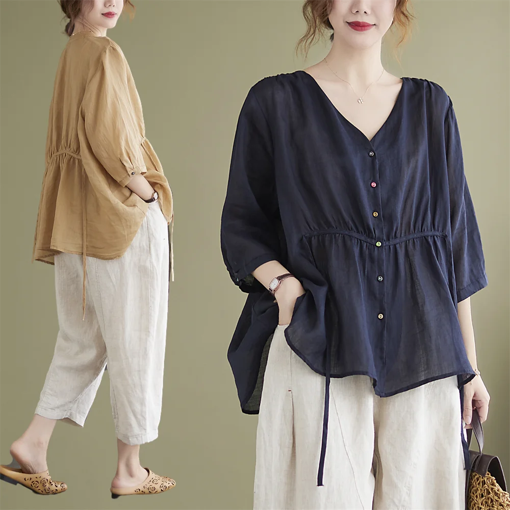 

Женская блузка с V-образным вырезом и коротким рукавом, весна-лето, большие размеры, модная, скрывающая живот, в корейском стиле, повседневная, свободного кроя