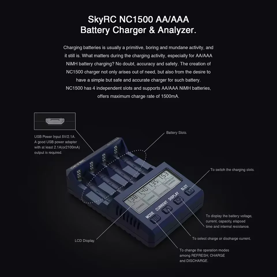 SKYRC NC1500 AA/AAA Battery Charger & Analyzer - Pro Recharge Charger for NiMH Rechargeable Batteries, Multi-Functional Battery