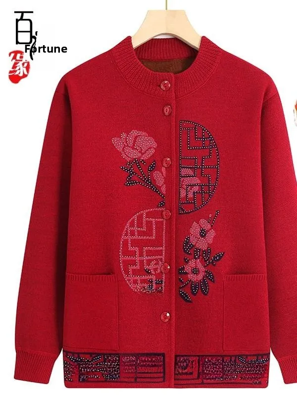 Thickened Fleece Warmth Knitted Sweater Mom Style Coat for Elderly Women Casual Loose Fit Long Pants round Neck Single Button