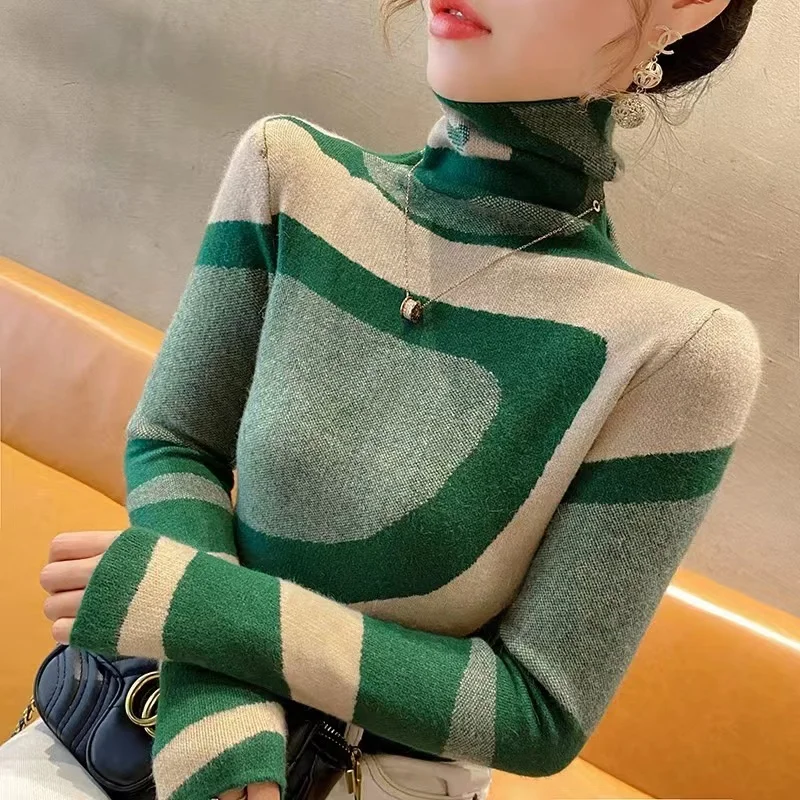 Women Clothing Fashion All-match Slim Knit Pullovers Autumn Winter Elegant Chic Geometric Patchwork Sweaters Office Lady Y2k Top