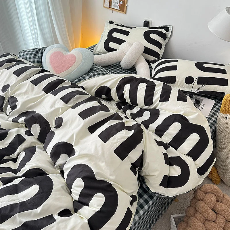 Korean Style Pink Letter Bedding Set Flat Bed Sheet Pillowcase Twin Full Queen Size Bed Linen Women Girls Duvet Cover No Filling