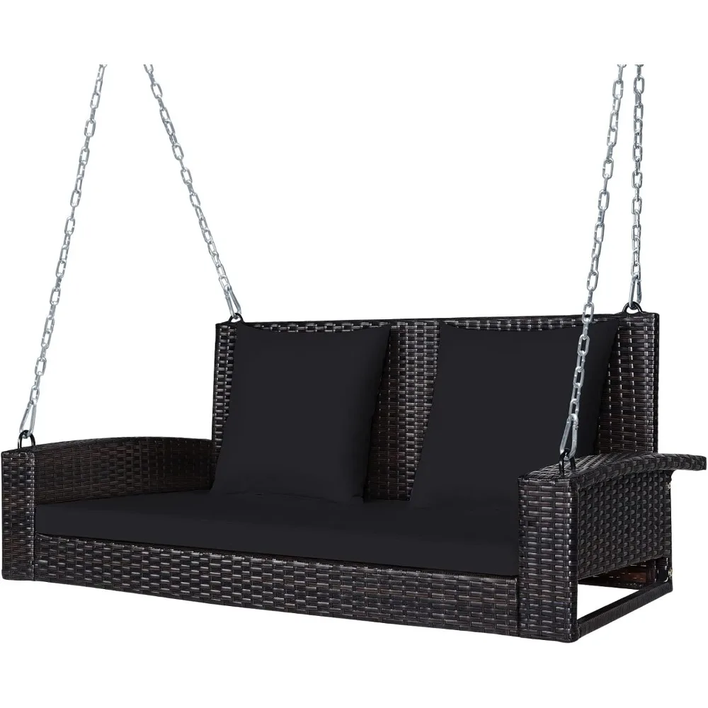 2-Person Wicker Hanging Porch Swing, Patiojoy Outdoor Rattan Swing Bench W/ 2 Back Cushions & 1 Seat Cushion, Sturdy Steel Chain