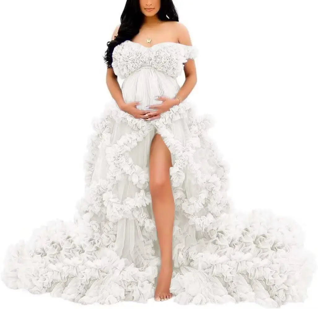 Fotoshoot & babyshower tule zwangerschapsjurk - off-shoulder, puffy ruches, elegante lange jurk voor zwangerschap