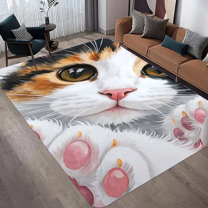 Cute Close Up Calico Cat Paw Print Area Rug Non Slip Soft Floor Mat Kawaii Pet Lover Carpet For Girls Bedroom Living Room