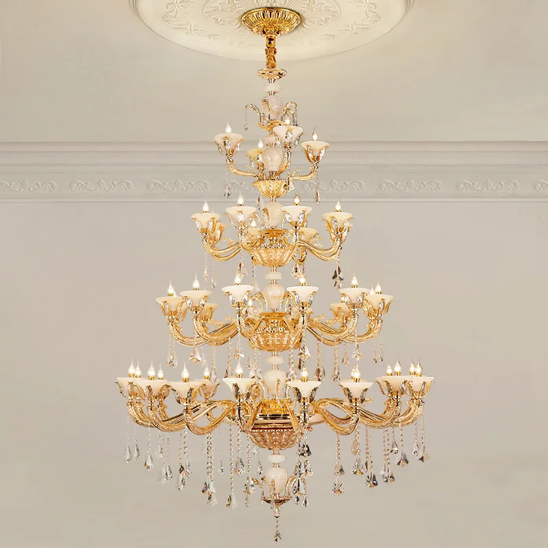 

European Brass Crystal Pendant Lamp Hotel Project Hall Living Room Luminaire French Classic Luxury Copper Chandelier