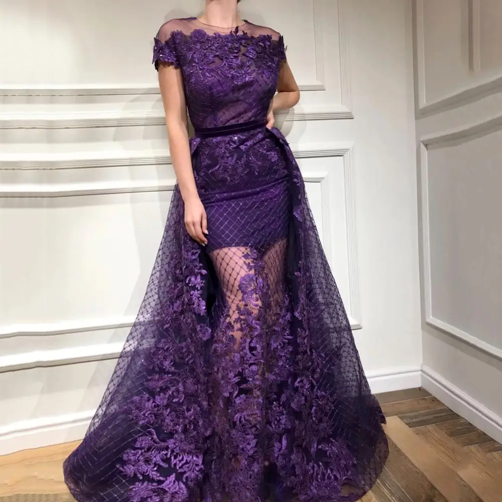 

Purple Two In One Evening Dress With Lace Appliques Bridal Gowns Detachable Train Vestidos De Noche 2022