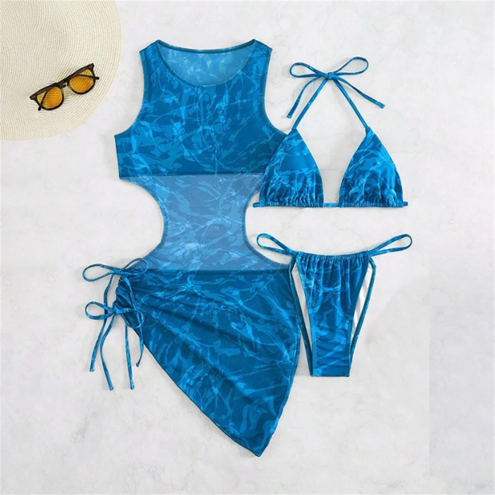 Sexy Hollow Bikini Dress Cover-up Print Micro String Halter Swimwear Goth Swimsuit 3-piece Women Bikinis Sets Beach Bathing Suit