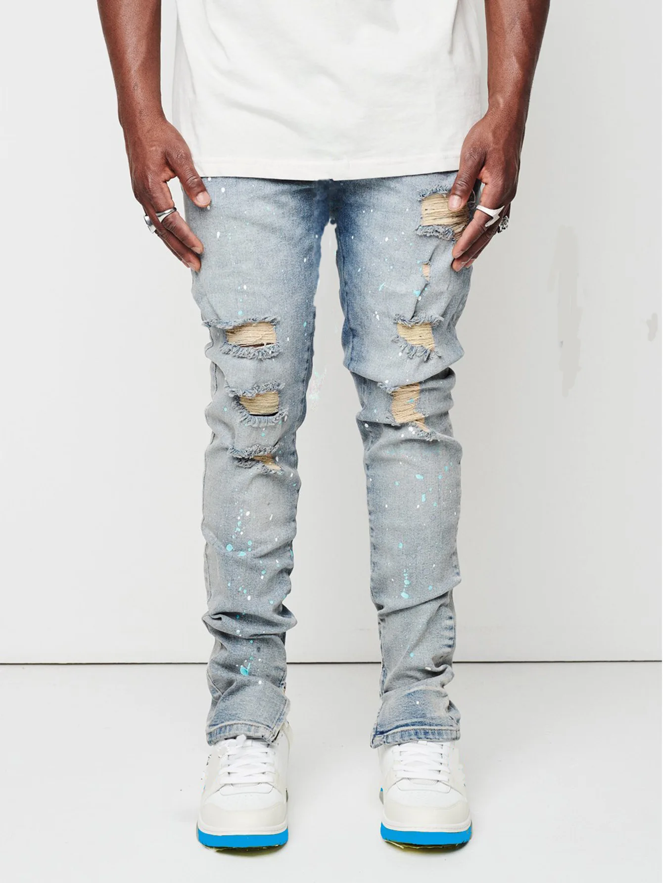 Pantalones vaqueros rasgados para hombre, Jeans ajustados de lápiz con pintura artesanal, ropa de calle Hipster, a la moda, novedad de 2022, XS-XL