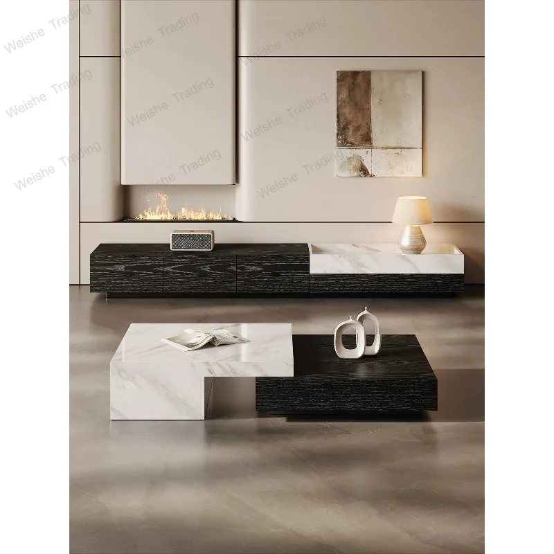 Luxury stone coffee table pure natural Italian light luxury living room telescopic storage simple rectangular marble  table