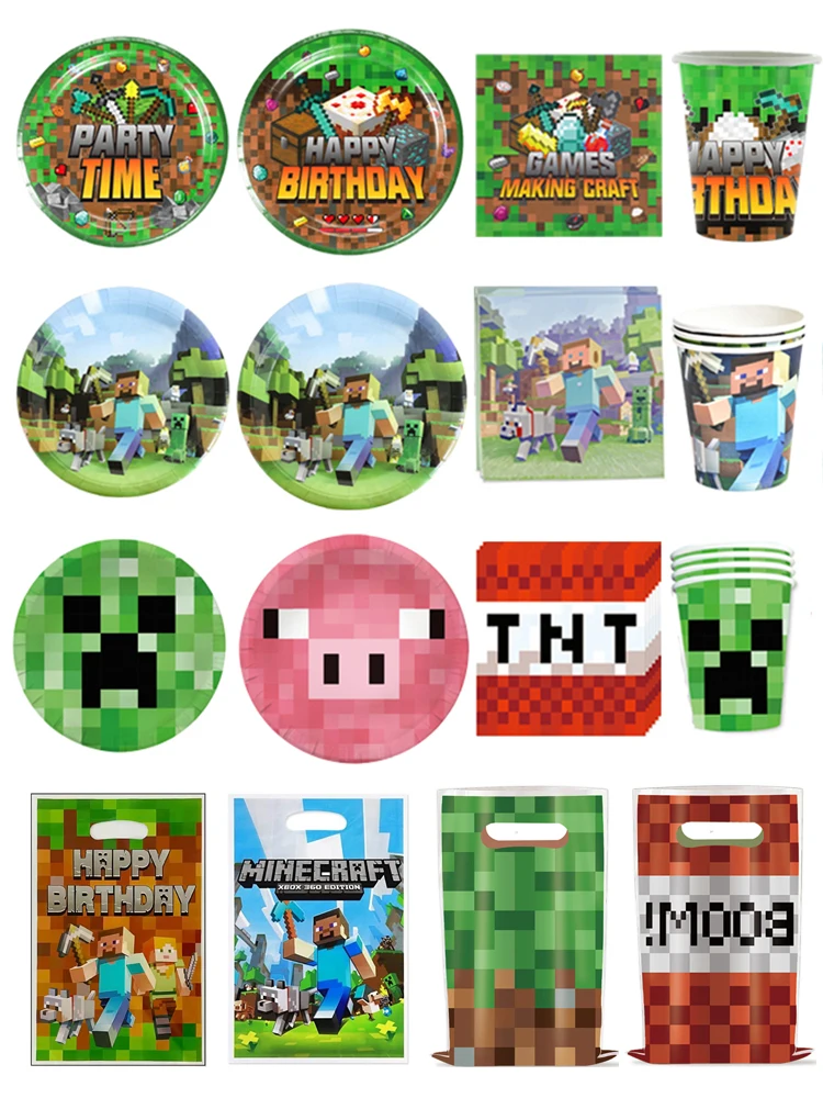 Heißes Spiel PixelMiner Teller-Becher-Tischdecke Geschenktüte Geschirr-Set Ballon-Set Jungen-Geburtstagsparty-Dekoration Kinder-Gastgeschenke Babyparty