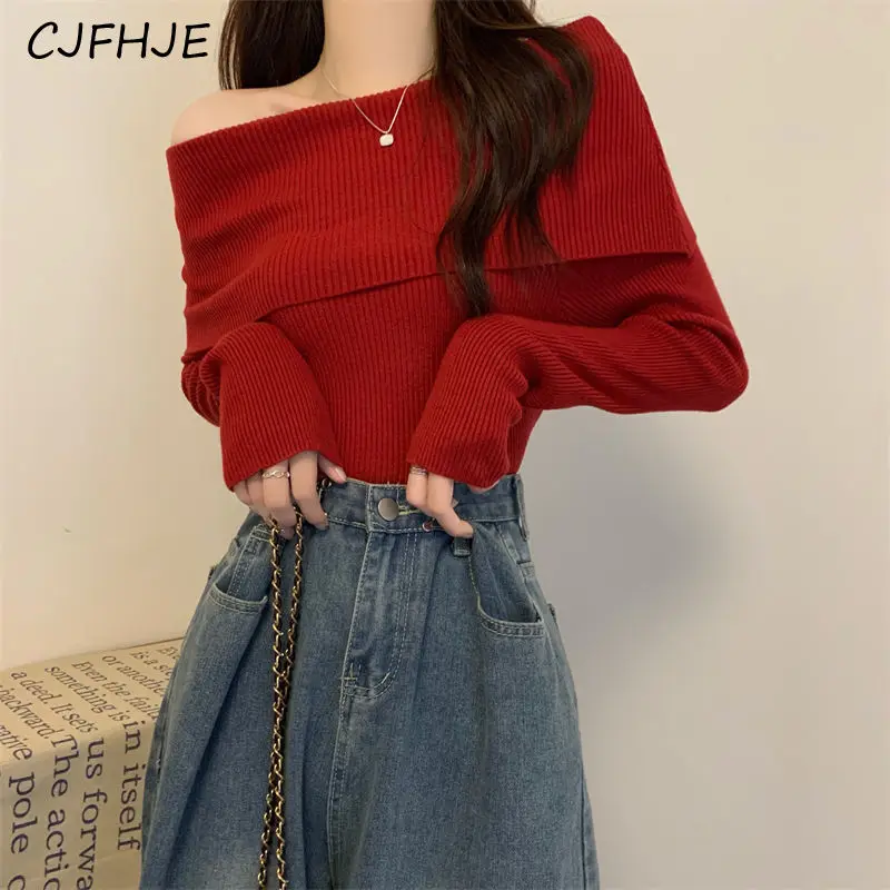 CJFHJE Fashion Slash Neck Strapless Sweaters Woman Casual Bottoming Chic Pullovers Female Korean Coffee Long Sleeve Tops Winter