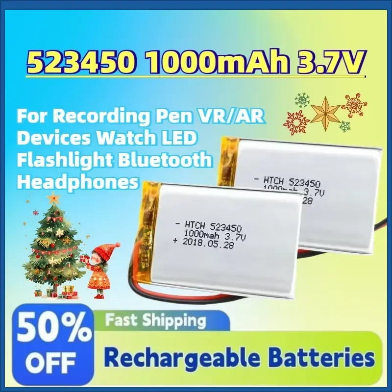 Upgrade New 523450 1000mAh 3.7V Li-Po Battery for Recording Pen VR/AR Devices Watch LED Flashlight Bluetooth Headphones