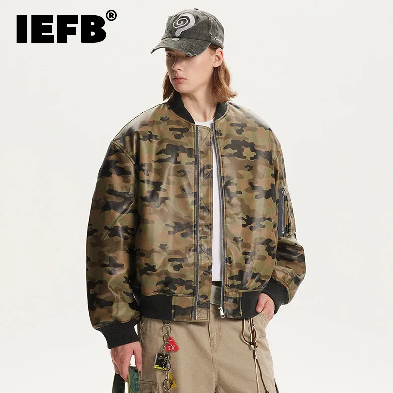 IEFB High Street Men's Padded Jackets PU Leather Round Collar Zipper Camouflage Clothing Loose Warm Thick Male Coat Winter 9W145