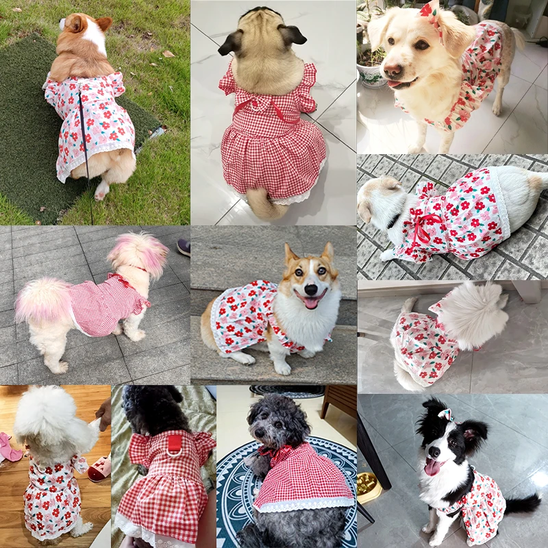 Summer Pet Dress Floral Pattern Plaid Skirts Cat Princess Dresses Chihuahua Yorkie Sweet Skirts Puppy Dog Costume Pet Supplies