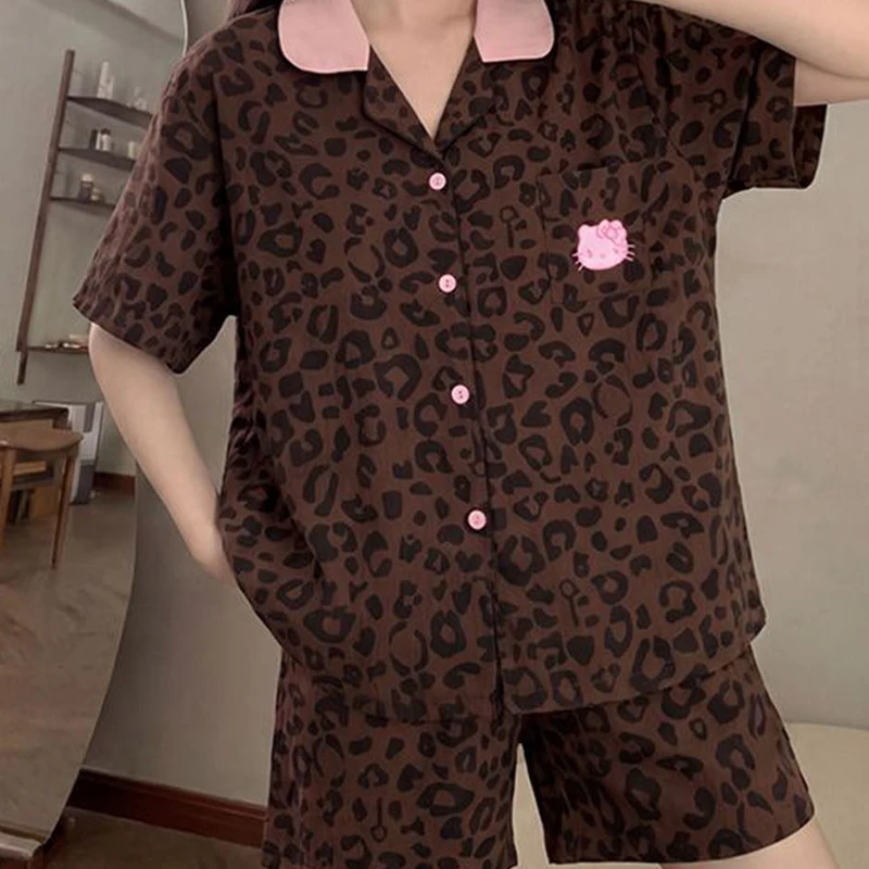 Cute Hello Kitty Women's Leopard Print Pajamas Set Summer Sleepwear Loungewear Short Sleeve Shorts Button Down Soft Kawaii Cozy