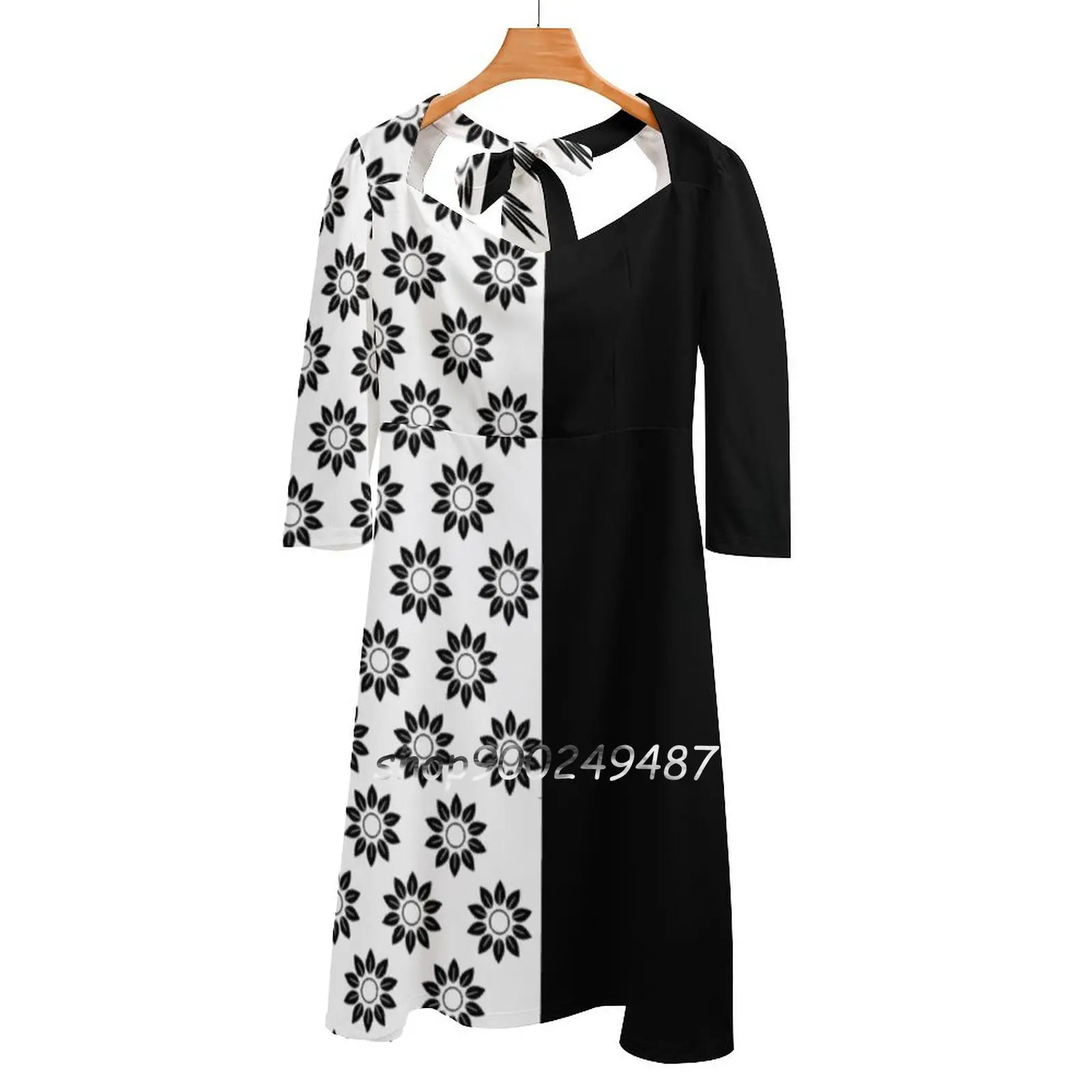 Style Black And White Evening Party Dresses Midi Sexy Dress Female Sweet One Piece Dress Korean Flowers Daisy Black White Love