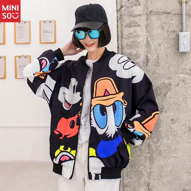 

Miniso 2025 Spring New Foreign Style Hot Diamond Printed Jacket Women's Loose and Thin Baseball Jersey Short Jacket Tide