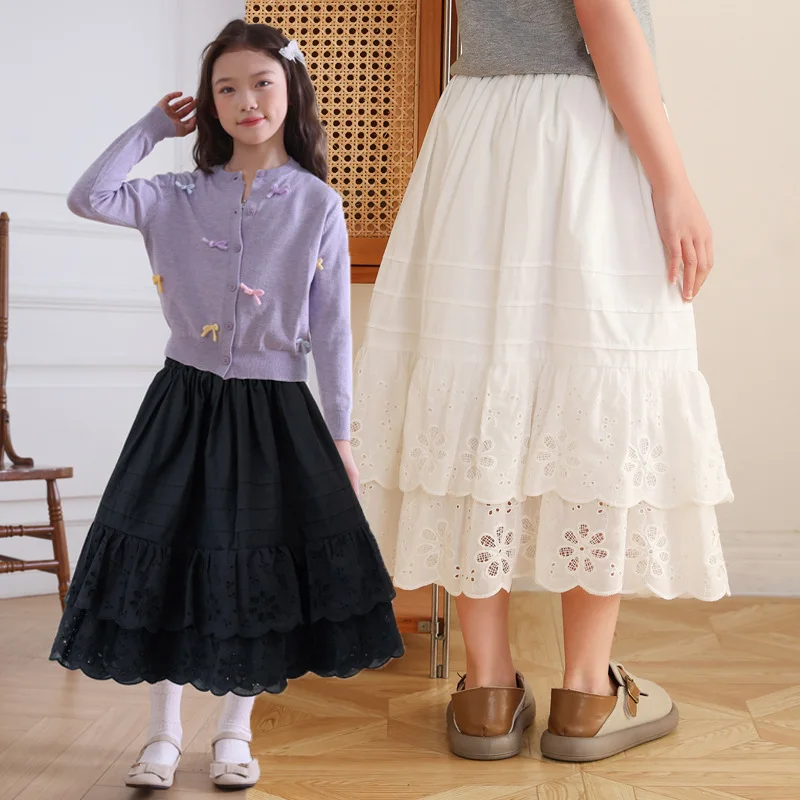 Girls Eyelet Lace Midi Skirt Tiered Ruffle Hem Elastic Waist Kids Sweet Vintage Casual A-Line Long Bottoms Autumn Spring Outfit