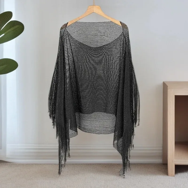 슬리브 비치 선스크린 셔츠 골드 및 실버 스레드 와이드 레그 휴가 비키니 커버업 루즈핏 비치 숄 오픈 프론트 디자인