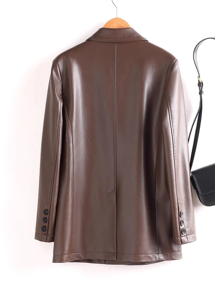 Neu Damen Spaltleder Lässiger Blazer Frühling Herbst Mode Anzugkragen Zweireiher Lockere Taille Lederjacke Damenblazer