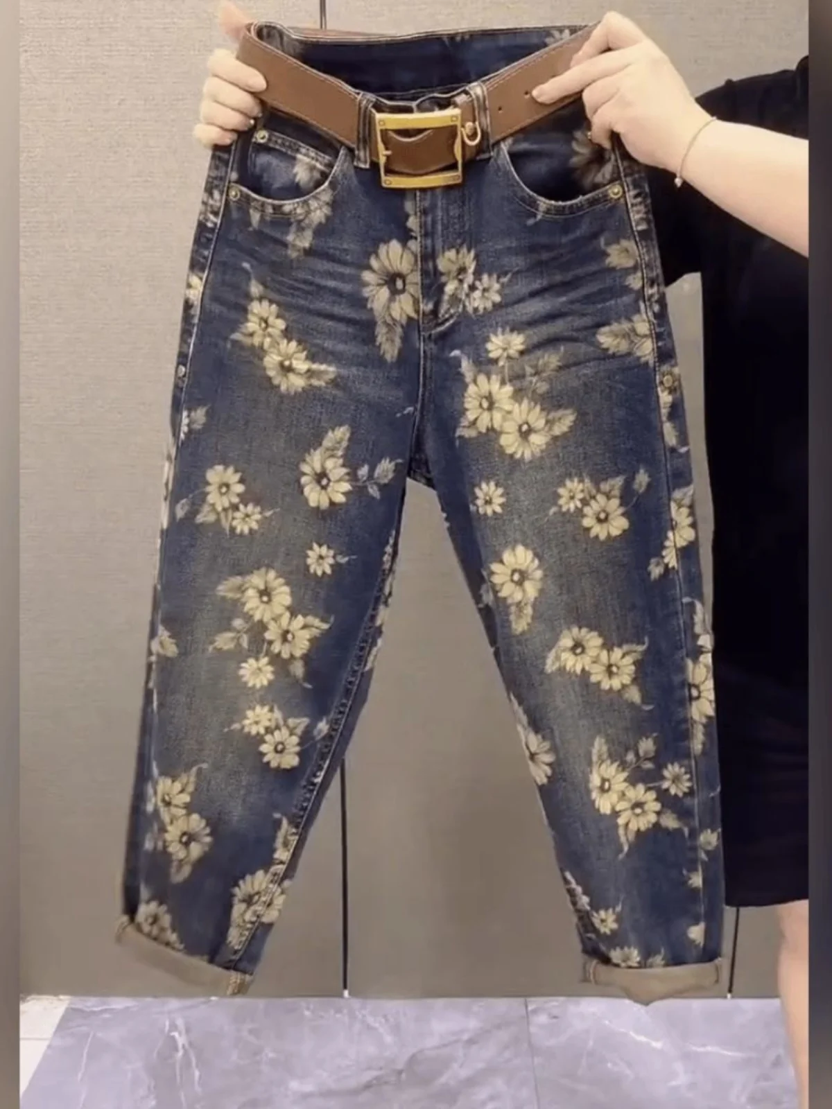 

Модные джинсы с высокой талией и принтом, повседневные брюки-клеш из хлопка с эластичной тканью для женщин, осенняя новинка