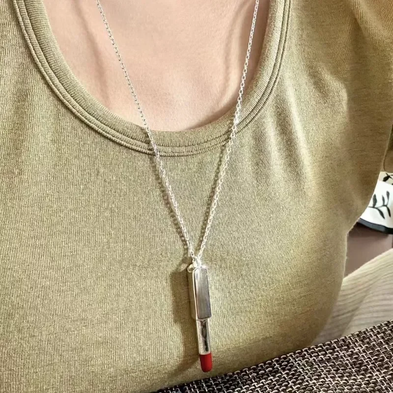 Korean lipstick necklace temperament versatile high sense long sweater chain personality niche design lipstick pendant women