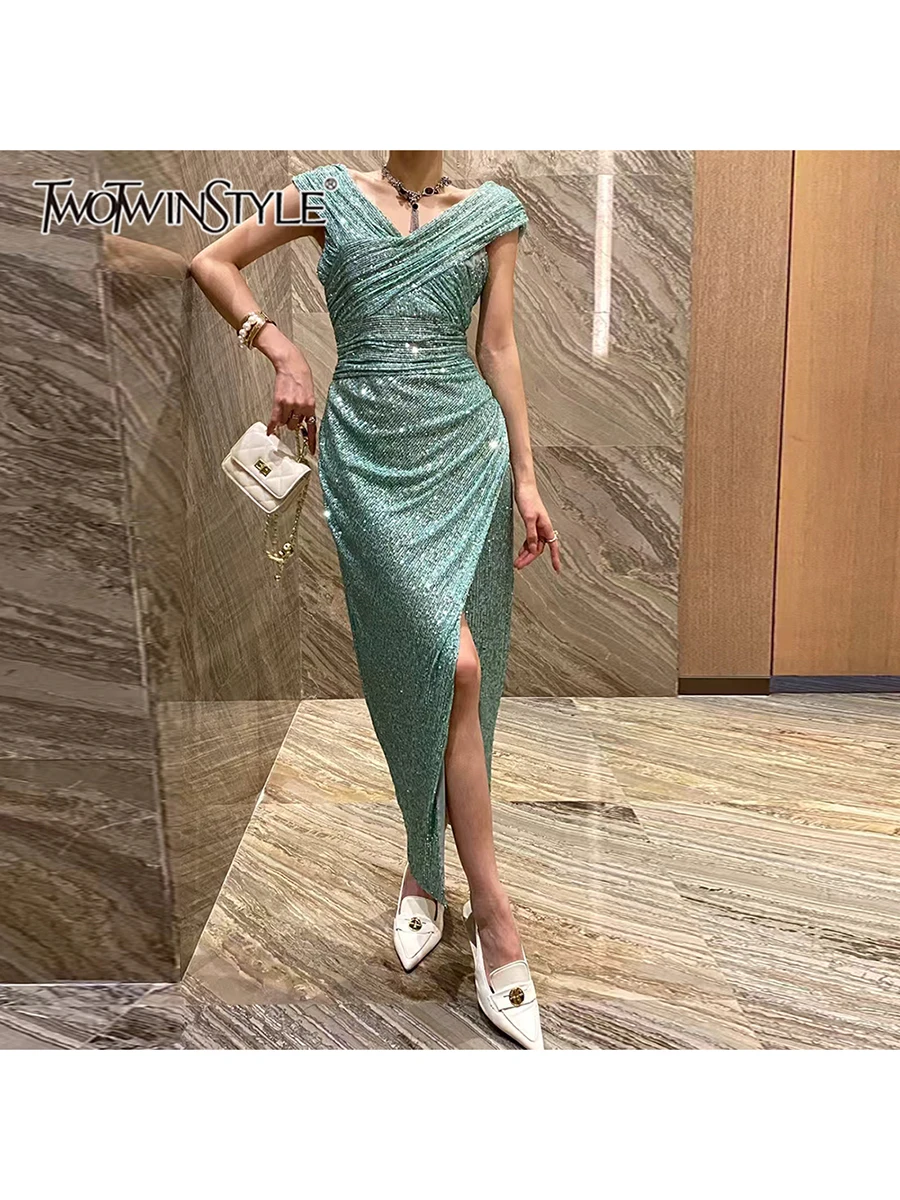 

TWOTWINSTYLE Solid Spliced Sequines Slimming Dresses For Women V Neck Falling Shoulder Sleeves High Waist Split Dress Female New