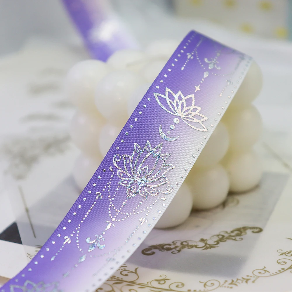 1\'\' 25mm Laser Silver Foil Moon Lotus Printed Single Side Satin Ribbon For Wedding Birthday Party Gift Wrapping Decoration