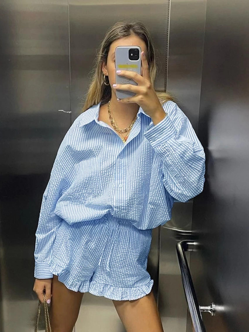 Marthaqiqi-Conjunto de pijama a rayas para mujer, ropa de dormir de manga larga, cuello vuelto, pantalones cortos, trajes de camisón sueltos, 2