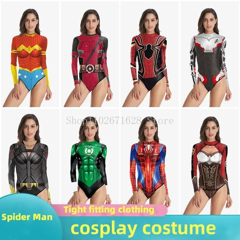 2024 Summer Spider Man Long Sleeved One Piece Zipper Swimsuit Tight Fit Sunscreen Surfing Swimsuit Women\'s Cosplay Costume