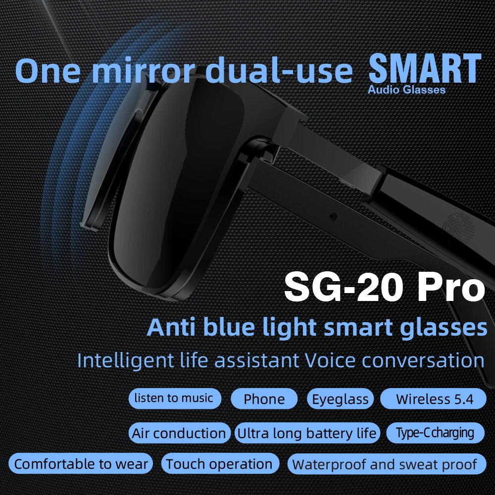 New SG-20 Pro Smart Glasses Wireless Call Music Playback Full Frame Sunglasses With Blue Light UV Protection Waterproof Glasses