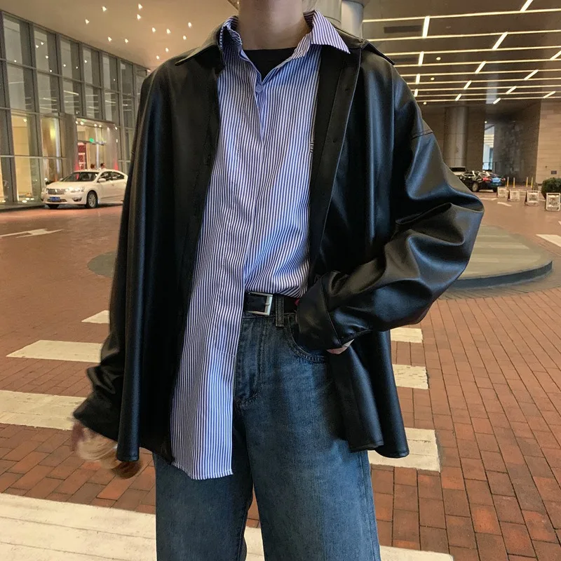 Women Jacket PU Blousess Long Sleeves Lapels Single Breasted Coat Loose Motor Biker Jacket Spring Autumn Black Faux Leather Tops