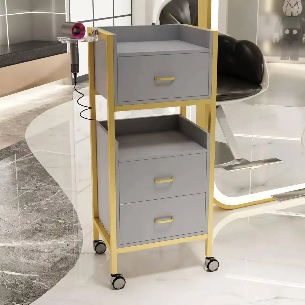Installation-Free Iron Salon Trolley with Storage Wheels Modern Design Commercial Furniture for Beauty Salon and Spa Use