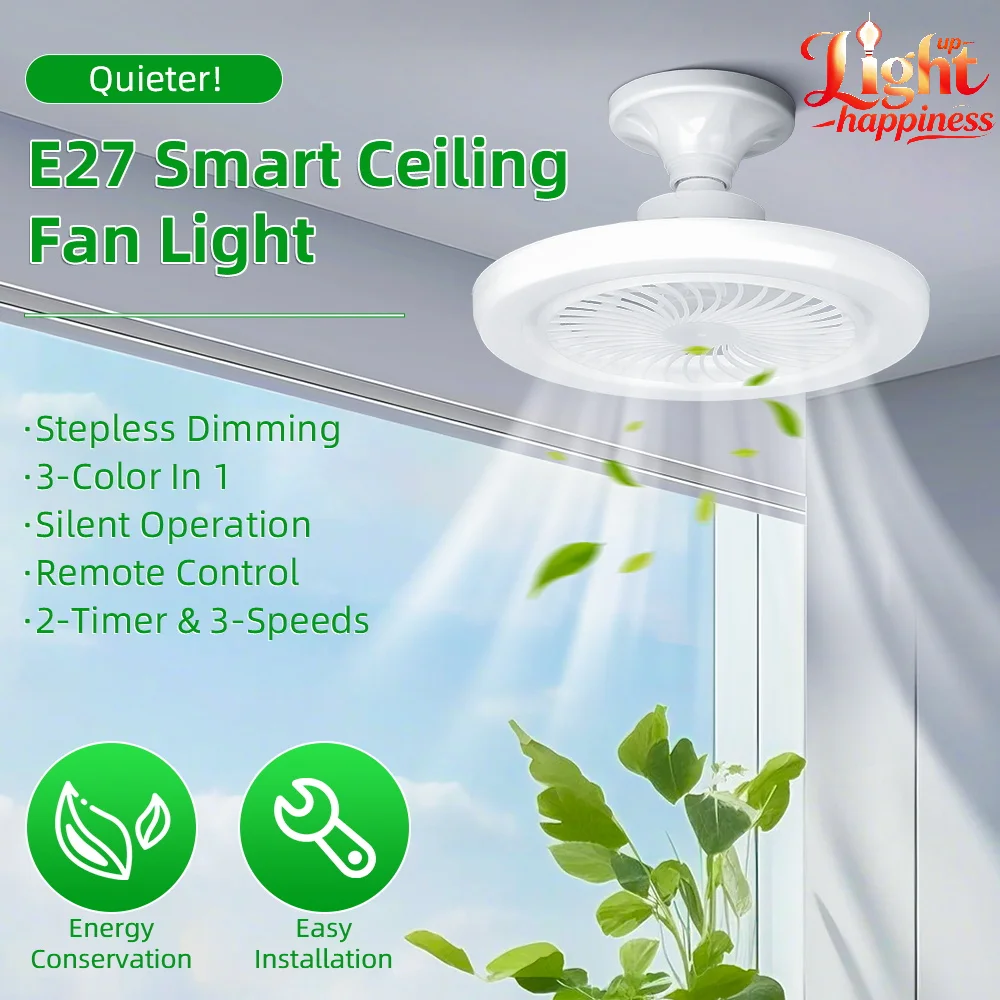Ventilateur de plafond LED 2 en 1, 30W, avec support de lampe, télécommande, 3 vitesses réglables et lumière à intensité variable, pour chambre à coucher et salon