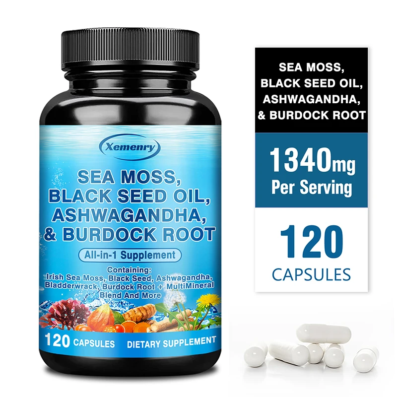 Sea Moss, Black Seed Oil, Ashwagandha & Burdock Root - Cleansing, Aids Digestion, Supports Joint and Bone Health, Metabolism
