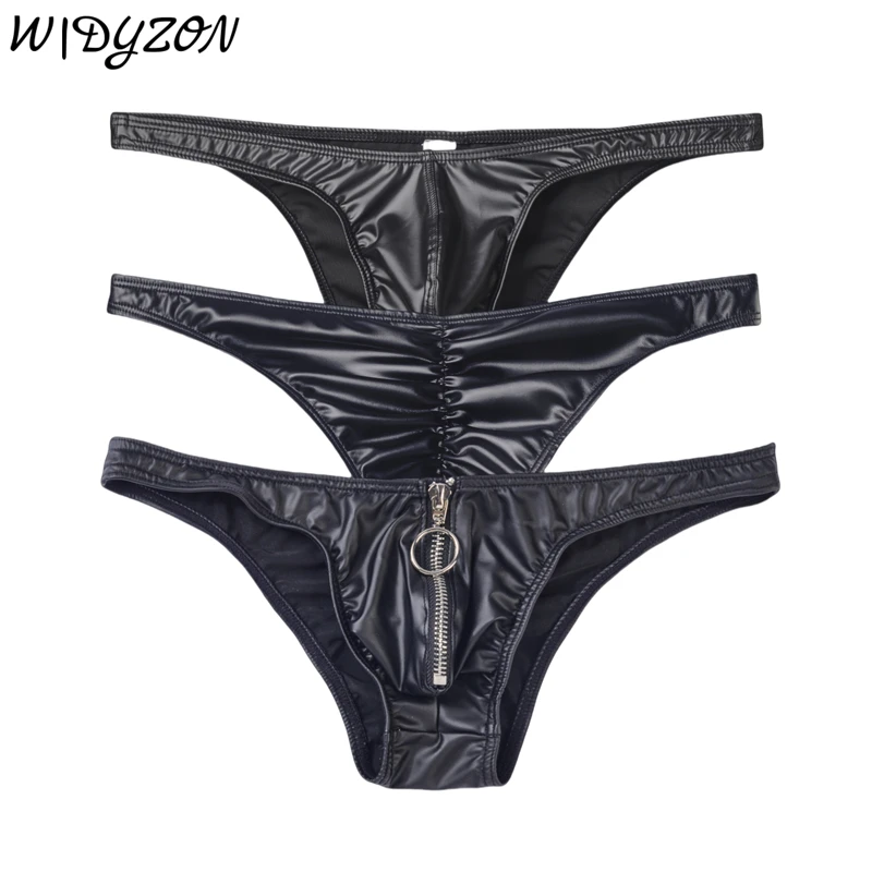 3pcs Men Bikini Faux Leather Briefs Underwear Man Sexy Mini Underpants Cuecas Butt-lifting Zipper Low Waist Male Sissy Panties