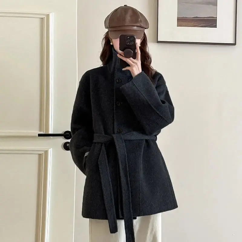 High Neck Double-Sided Wool Coat Women'S Autumn And Winter New Korean Style Belt Loose Commuting Wool Casual Coat