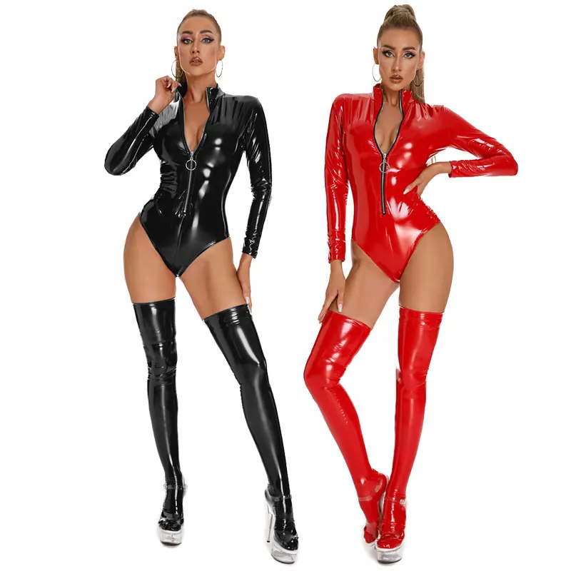 Women Sexy Zipper Open Crotch PVC Latex Bodysuit Erotic Crotchless Catsuit Ladies Shiny Wetlook Faux Leather Jumpsuits