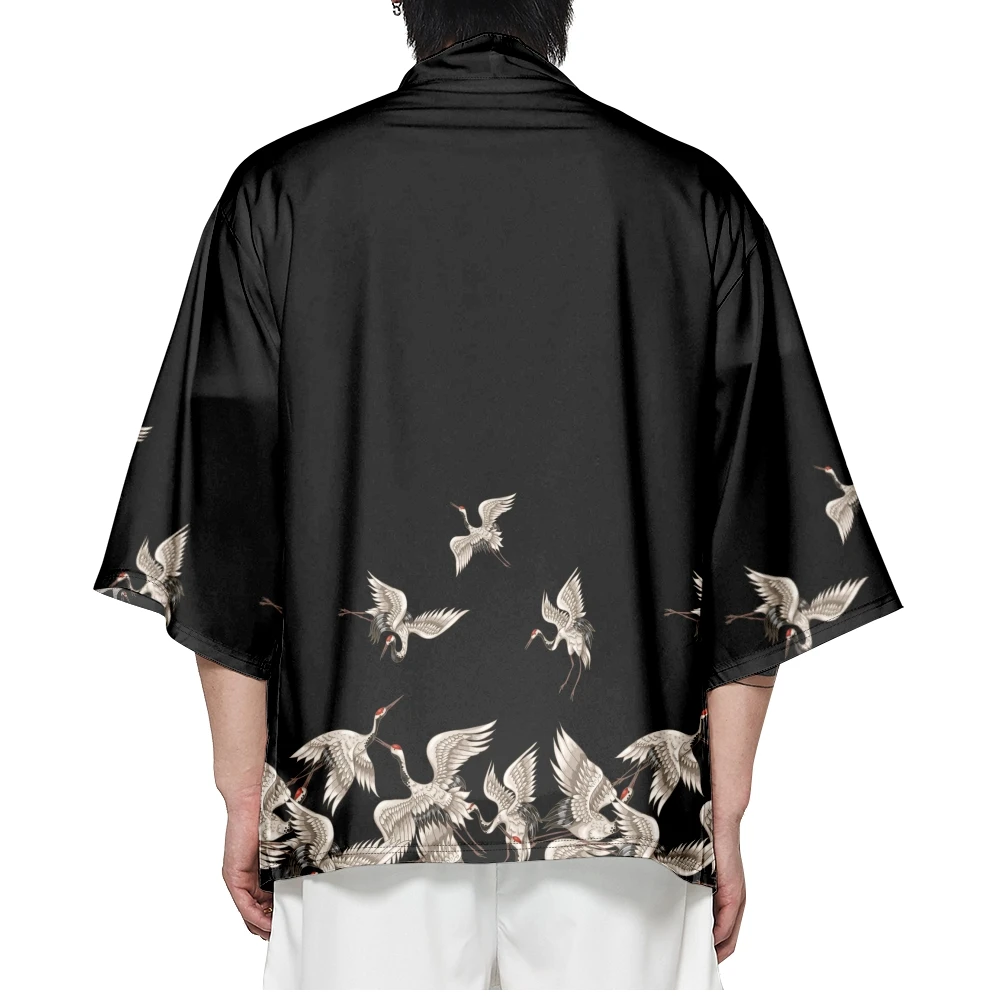 Yukata Kimono con estampado de grulla negra para mujer, cárdigan, ropa de calle japonesa, ropa suelta para hombre