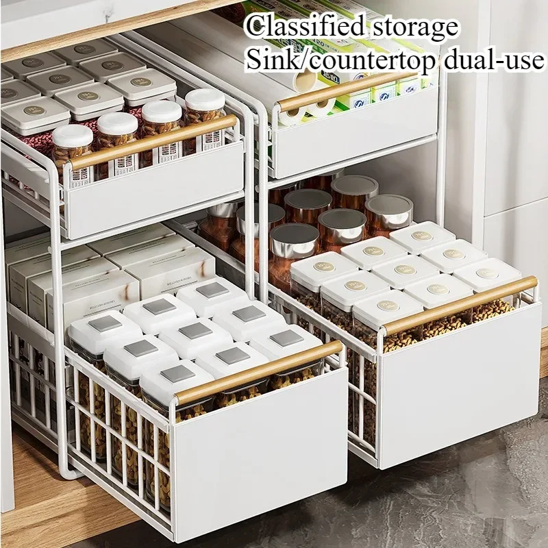 Pull-out Kitchen Lower Sink Shelf Seasoning Dishes Pull-out Lower Sink Cabinet Pull Basket Layered Storage Rack