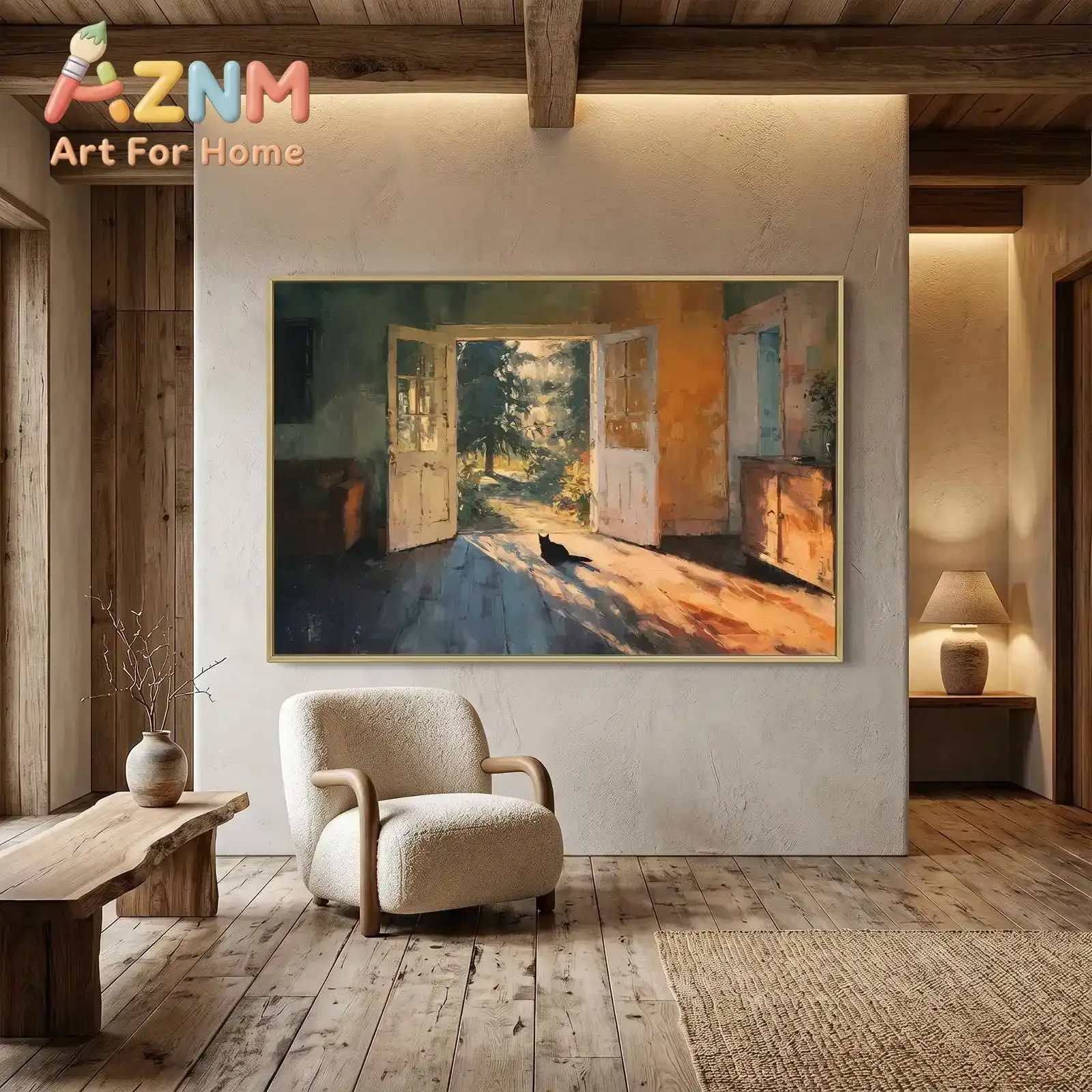 Modern Golden Morning Light Canvas Poster Unframed Minimalist Open Door, Black Cat Canvas Wall Art for Living Room Bedroom Decor