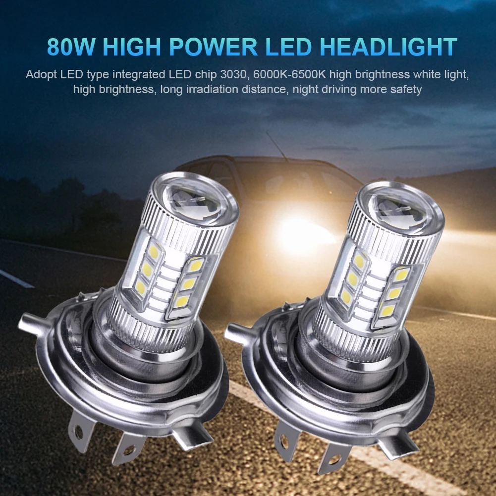 H4 Super White LED Headlight Bulb 6000-6500K High Low Beam Driving Running Lamp IP67 Waterproof DRL Lamp 4000LM 80W 12V